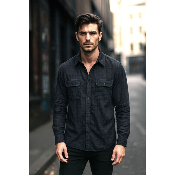 ALLSAINTS Black Slim Fit Long Sleeve Button Up Shirt Top  Mens Size Large - Picture 1 of 8